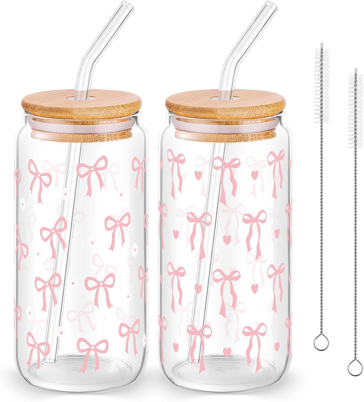 2 Pcs Cute Pink Bow Glass Cups with Lid and Straws Preppy Stuff For Girls