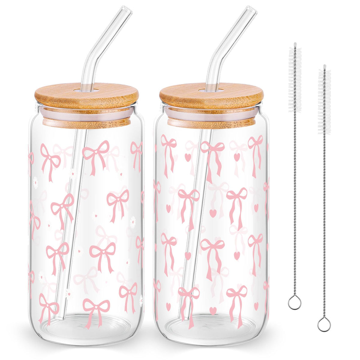 2 Pcs Cute Pink Bow Glass Cups with Lid and Straws Preppy Stuff For Girls