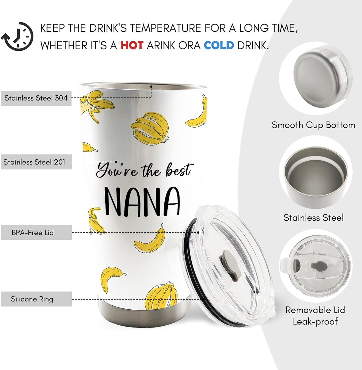 You're The Best Nana Banana 20oz Travel Coffee Mug Tumbler, Nana Gifts for Grandma Christmas from Grandson Grandkids Granddaughter, Grandma Water Stainless Steel Tumbler with Lid and Straw