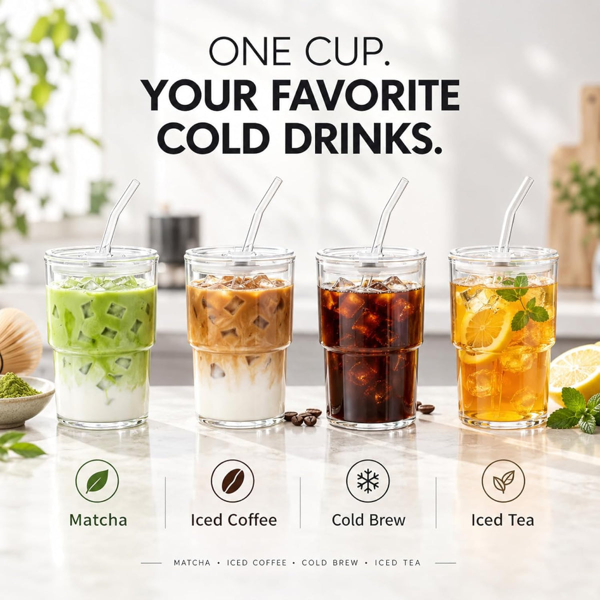 Iced Coffee Cups, 13oz Glass Tumbler with Lid and Straw, Leakproof To-Go Glass Cups Fits Car Cup Holder, Reusable Matcha Cup for Iced Coffee, Cold Brew and Tea