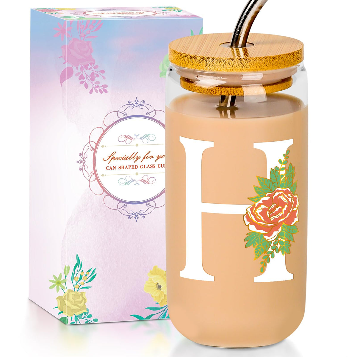 16 Oz Initial Glass Cup with Lid and Straw Personalized Color-Changing