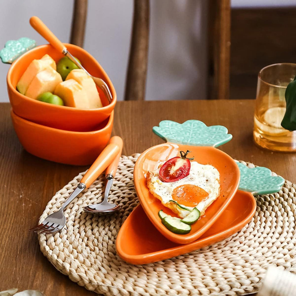 VOSAREA 1set Multi-function Cartoon Carrot Design Tableware Adorable Ceramic Food Serving Bowl Kit for Family Gatherings and Easter Celebrations Includes Carrot Bowl and Plate Vibrant