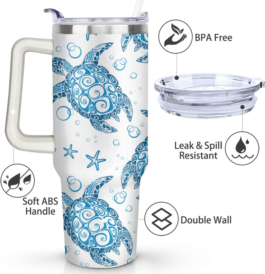 40OZ Sea Turtle Tumbler with Handle and Straw - Hot & Cold Insulated Stainless Steel Double Wall Coffee Mug - Sea Turtle Gift