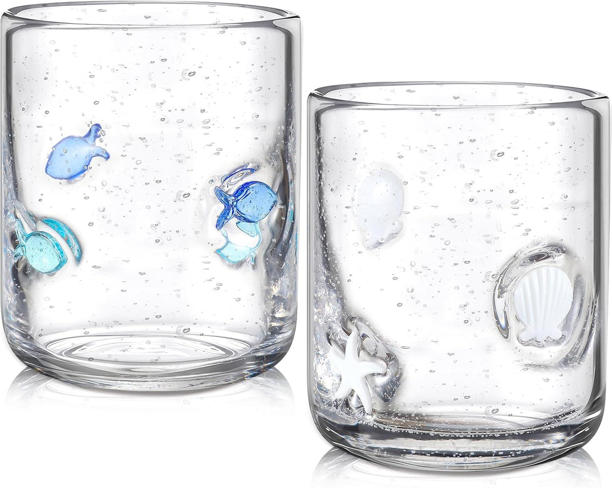 2 Pack 14oz Icon Juice Glass Cups Stemless Wine Drinking Juice Glass Cup Sea Shell Small Fish Star Design Iced Coffee Tumblers for Summer Women Girls Gift Set