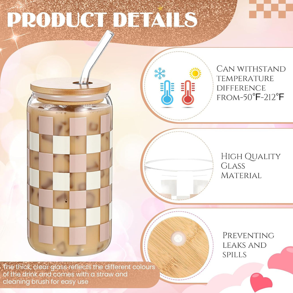 Hushee Checkered Tumbler 16 oz Checkerboard Glass Water Bottle Ice Coffee Cup with Lids and Straw Cleaning Brush for Birthday Race Car for Women Man Party Drink Decoration (Khaki)