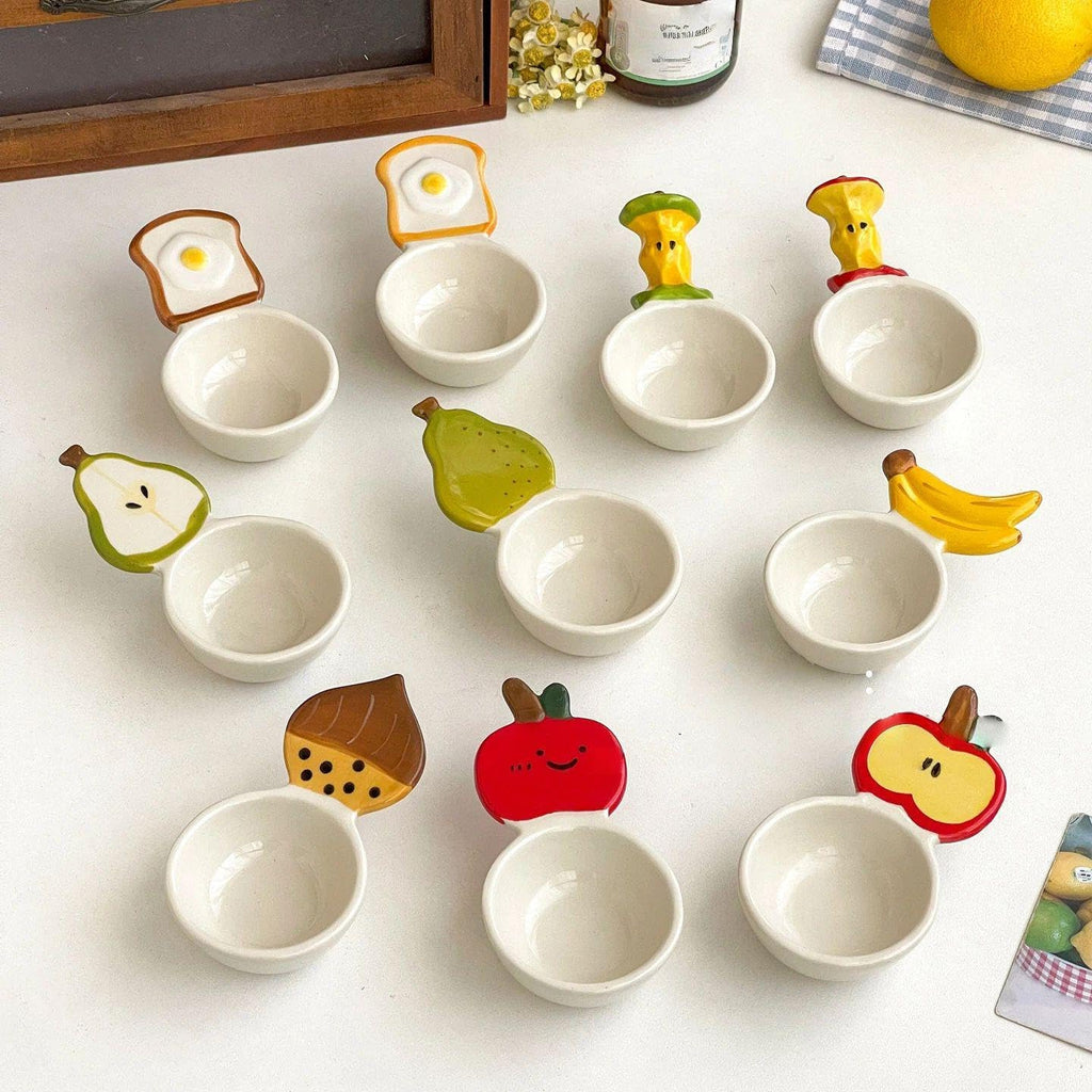 Cartoon Ceramic Dipping Sauce Plate Set, Hand-Painted Small Dish with Handle for Condiments, Soy Sauce, Salad, Chili Oil, Cute Serving Bowl for Sushi, Hot Pot, Dessert, Kitchen Gift (Style 1)