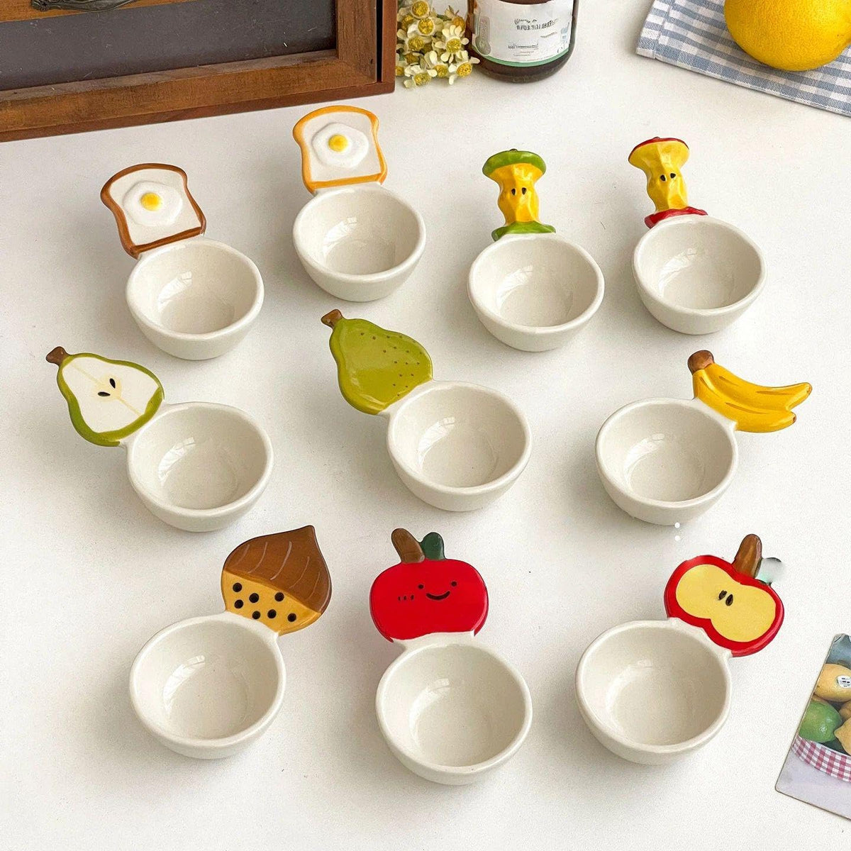 Cartoon Ceramic Dipping Sauce Plate Set, Hand-Painted Small Dish with Handle for Condiments, Soy Sauce, Salad, Chili Oil, Cute Serving Bowl for Sushi, Hot Pot, Dessert, Kitchen Gift (Style 1)