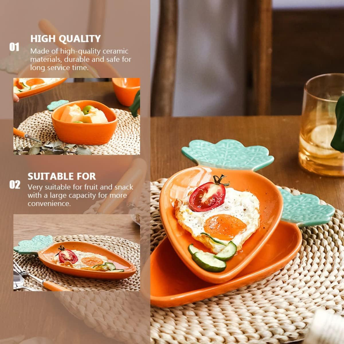VOSAREA 1set Multi-function Cartoon Carrot Design Tableware Adorable Ceramic Food Serving Bowl Kit for Family Gatherings and Easter Celebrations Includes Carrot Bowl and Plate Vibrant