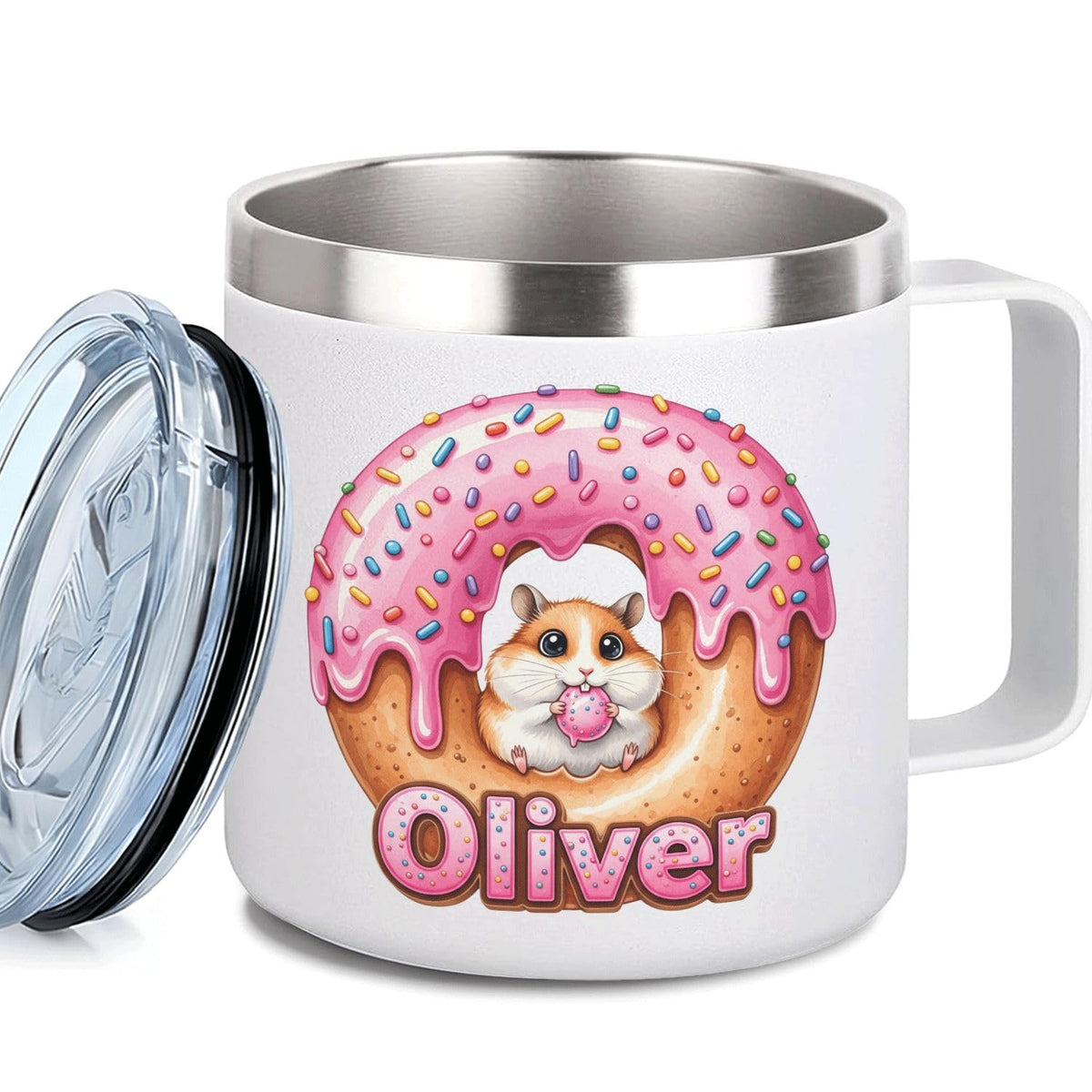 Leo Personalized Kids Mug with Lid, 10 oz Stainless Steel Insulated Camp Cup, Cartoon Lion Tropical Tiki Theme