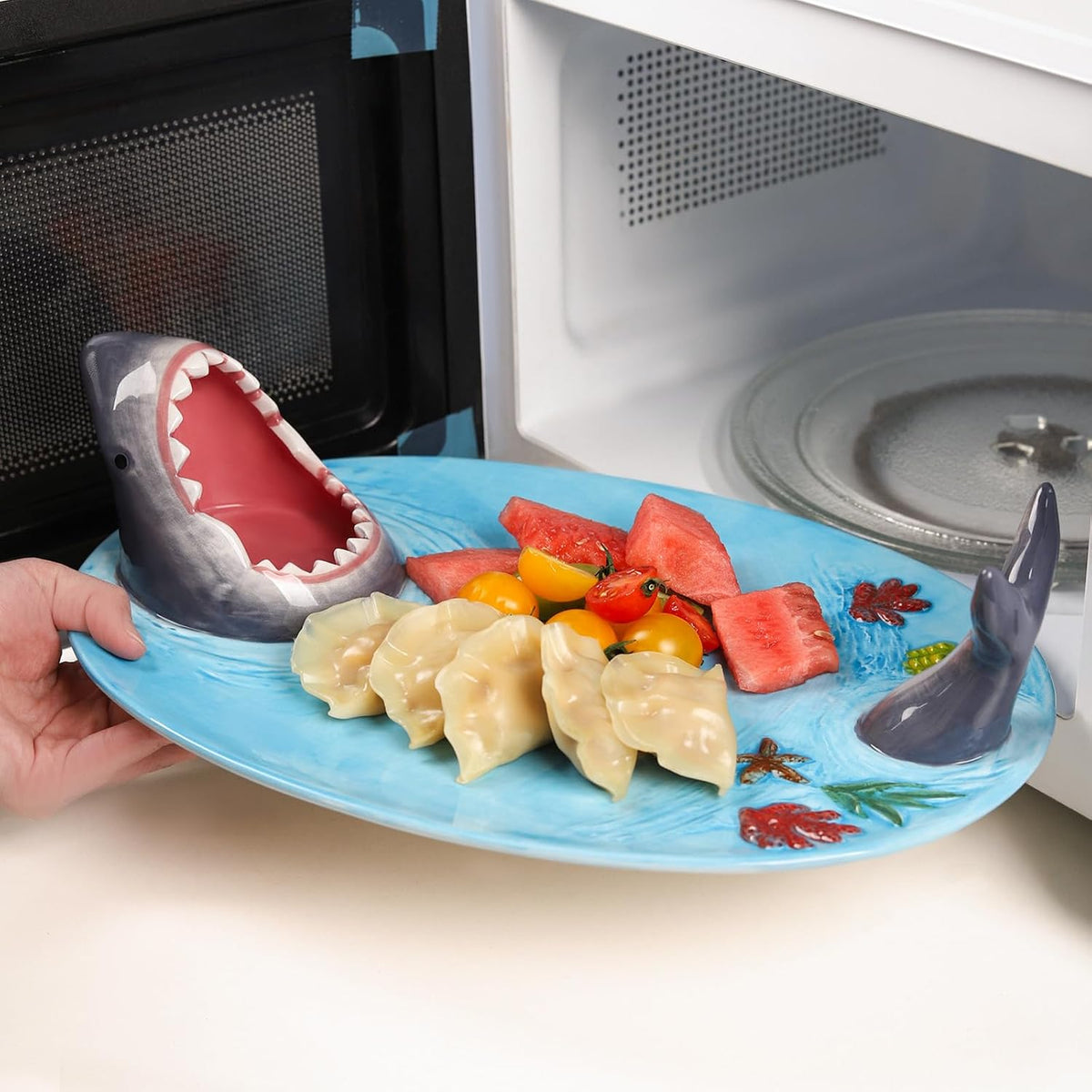 2 Pack Blue Ceramic Taco Holder, Shark Sushi Plate, Funny Handmade Kitchen Salad Plates with Dipping Sauce Bowl, Microwave/Oven/Dishwasher Safe Plates, Holiday Birthday Gifts for Shark Party Lovers