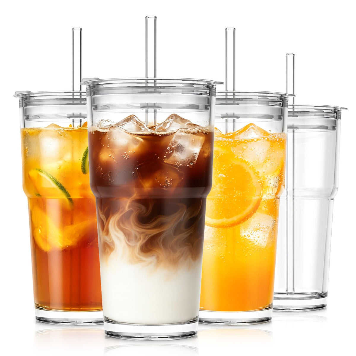 SoulTimes 20oz Ribbed & Floral Glass Tumbler with Lid and Straw – Iced Coffee Glasses Cups for Smoothie, Matcha, Juice, Water etc. Leakproof and Reusable Glassware Drinking for Travel To Go [2Pcs]