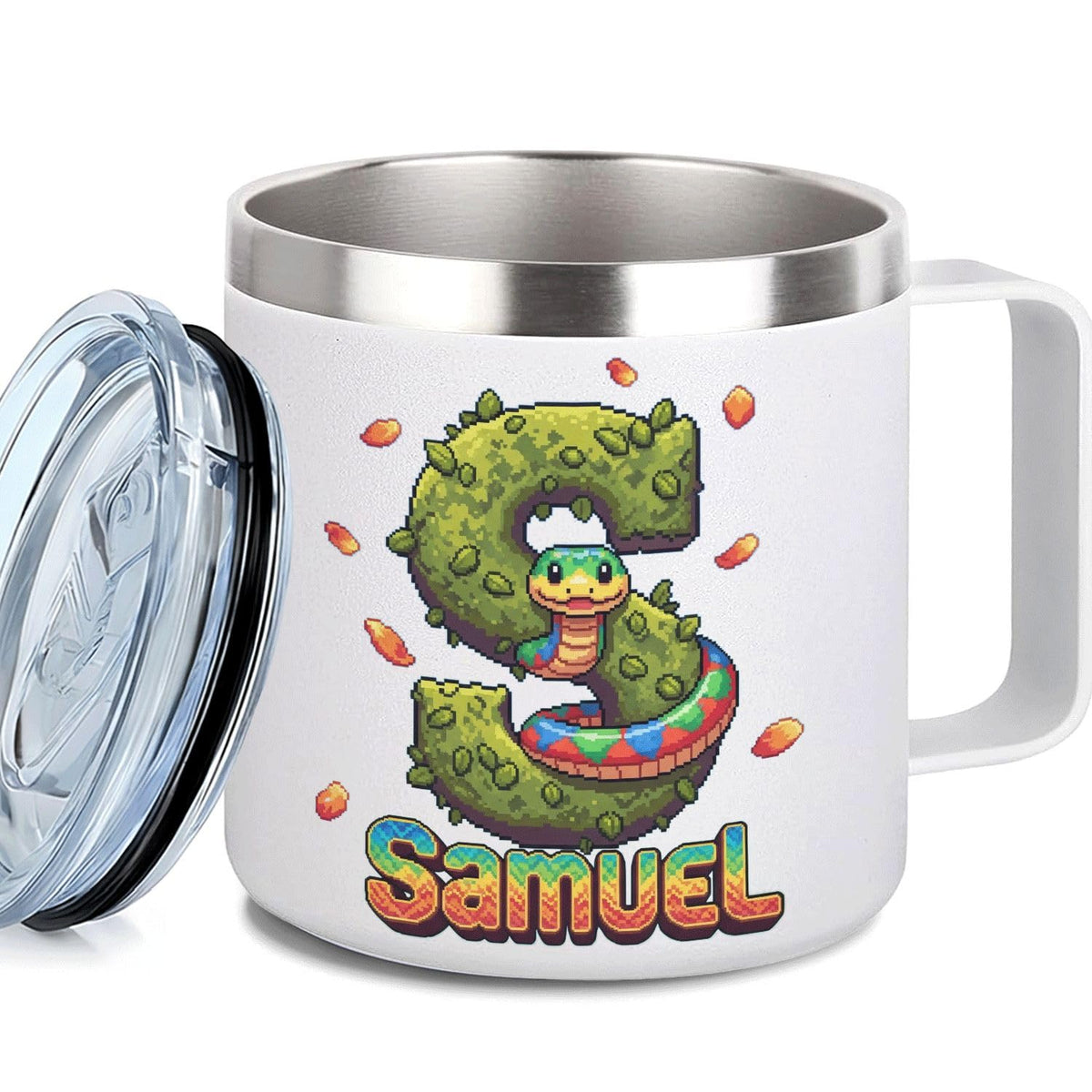Leo Personalized Kids Mug with Lid, 10 oz Stainless Steel Insulated Camp Cup, Cartoon Lion Tropical Tiki Theme