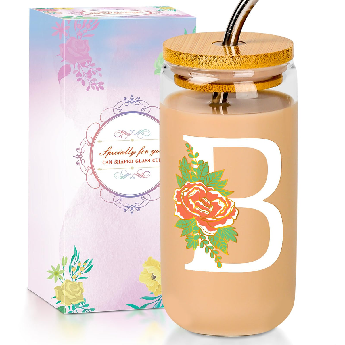 16 Oz Initial Glass Cup with Lid and Straw Personalized Color-Changing