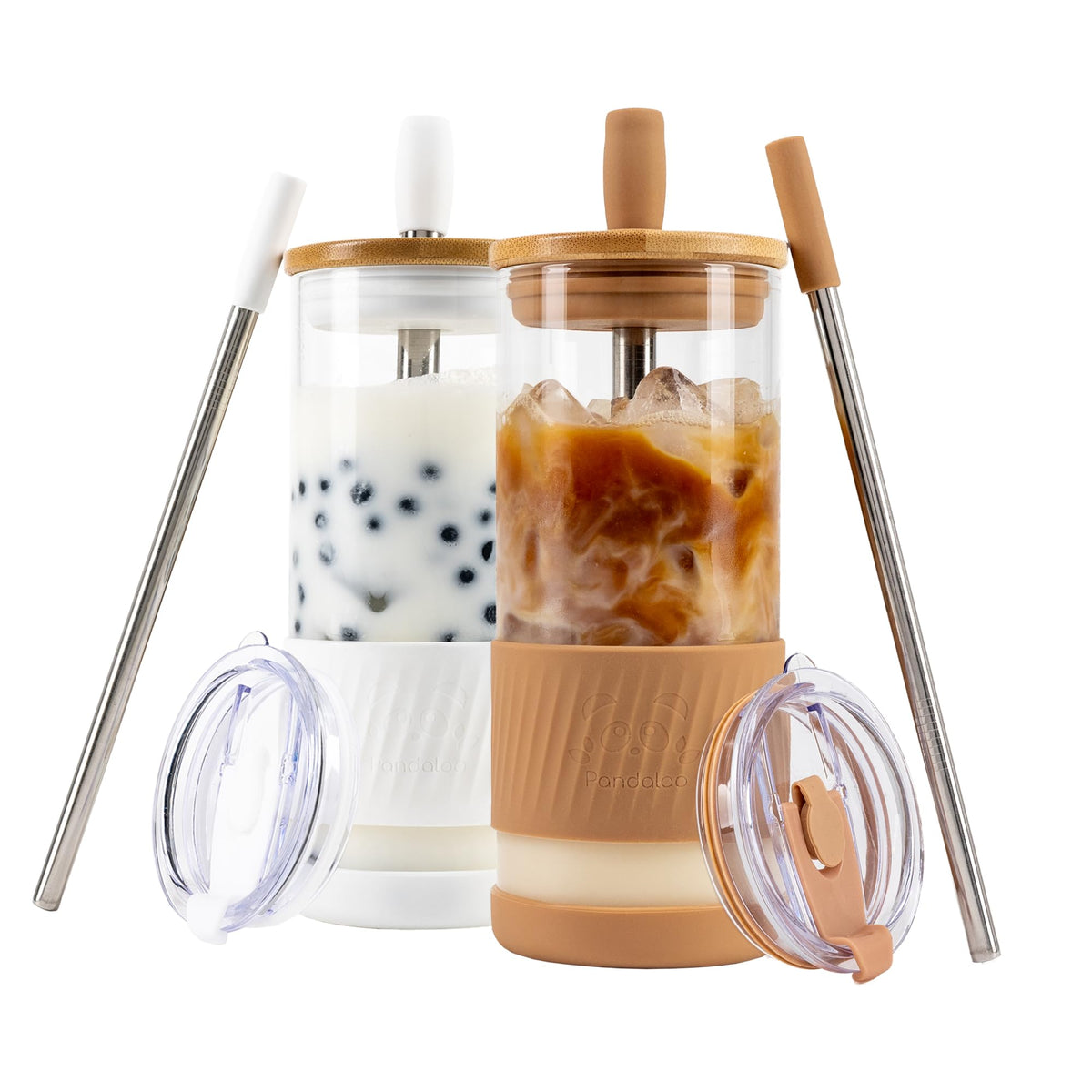Pandaloo® Glass Cups With Lids and Straws -20 Fl Oz- Perfect Size Iced Coffee Cup - Smoothie Cup With Bamboo Lid and On the go Lid - Glass Tumbler With Straw (1 Count (Pack of 1), Tender Pink)