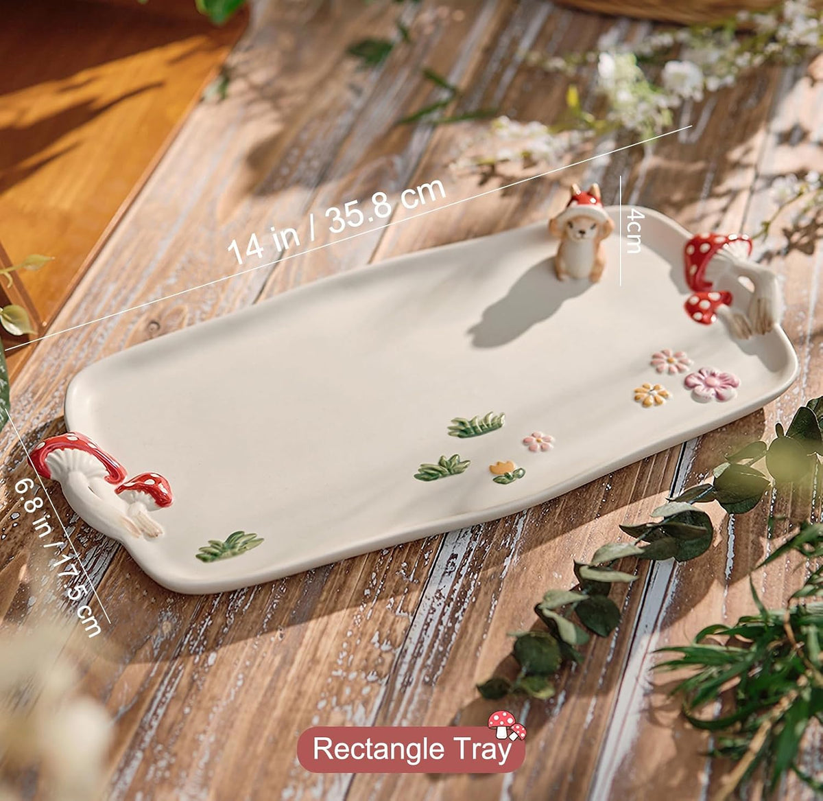 Mushroom Ceramic Tray, Rectangle 14 in Double Handle Dessert Appetizer Baking Dishes, Cute Steak Dinner Plates, Decorative Plate with Cute Squirrels. Novel Christmas Cutlery Gifts.