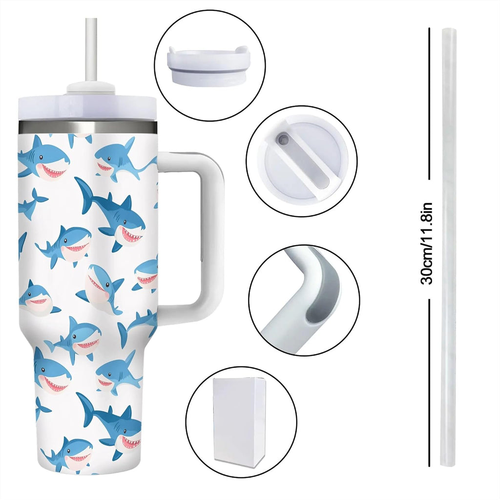 Cartoon Sharks 40 Oz (1200 ml) Ice Bully Cup with Handle Straw, Cute Sea Animals Stainless Steel Travel Insulated Tumbler, Personalized Coffee Mug for Birthday Festval Gifts