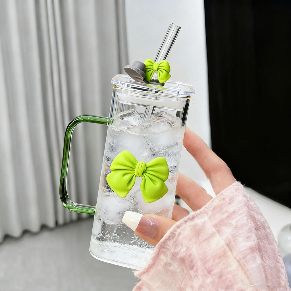 13Oz Square Glass Cups with Lids and Straws Cute Glass Tumbler with Handle