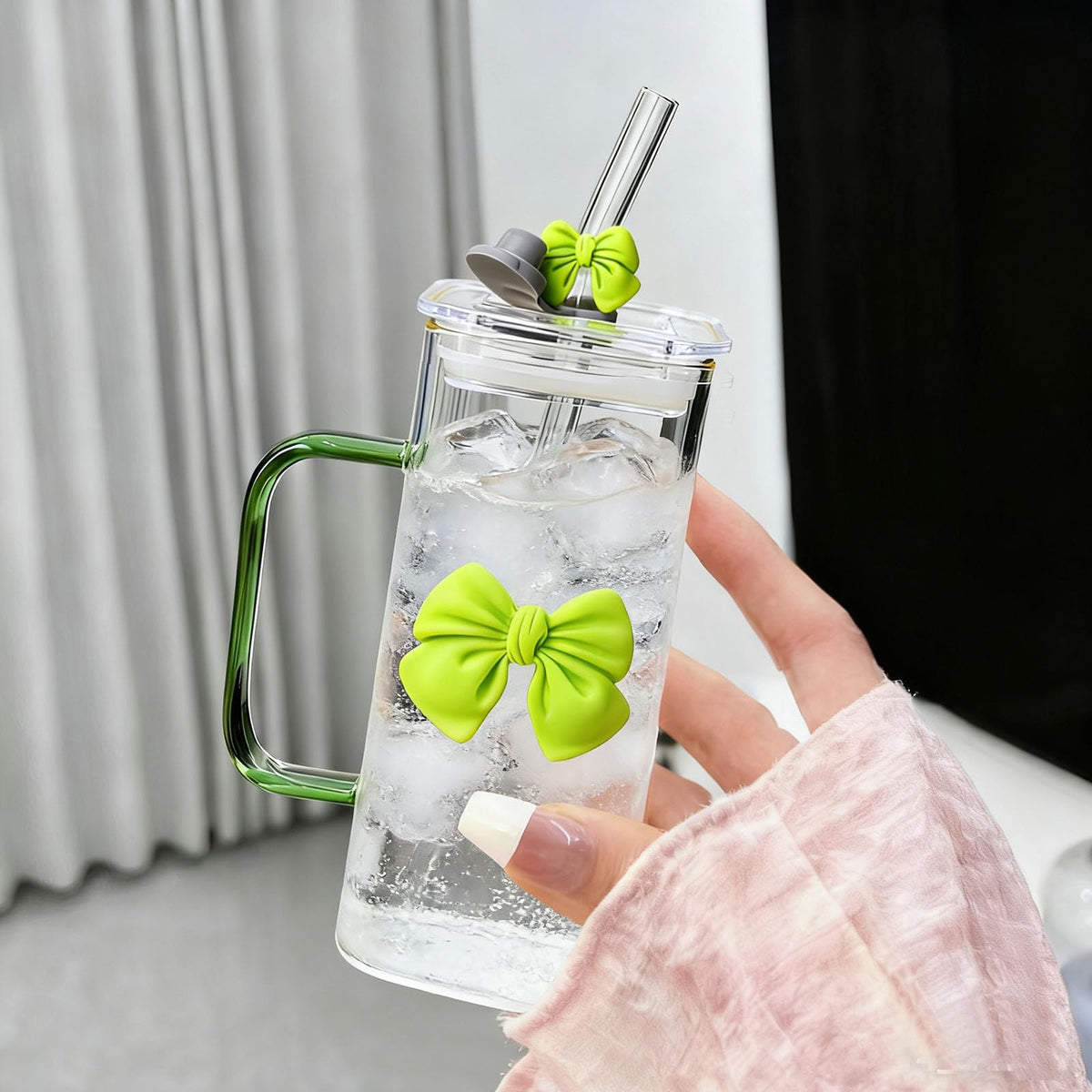 13Oz Square Glass Cups with Lids and Straws Cute Glass Tumbler with Handle