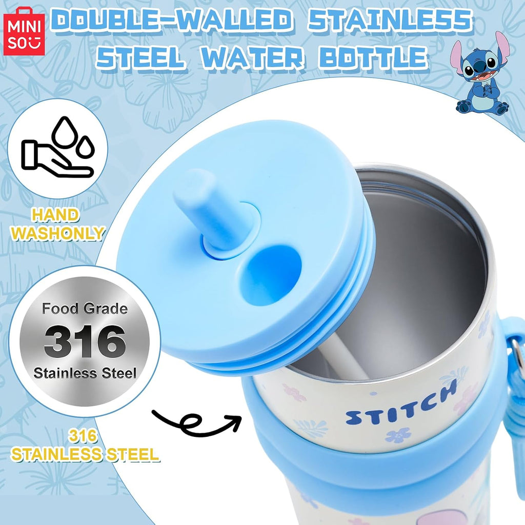 MINISO Disney Stitch Water Bottle, 20oz Lilo&Stitch Insulated Stainless Steel Bottle, Cartoon Vacuum Insulated Tumbler, Leak Proof Flip Top Stitch Cup for Sport Travel Office (Blue)