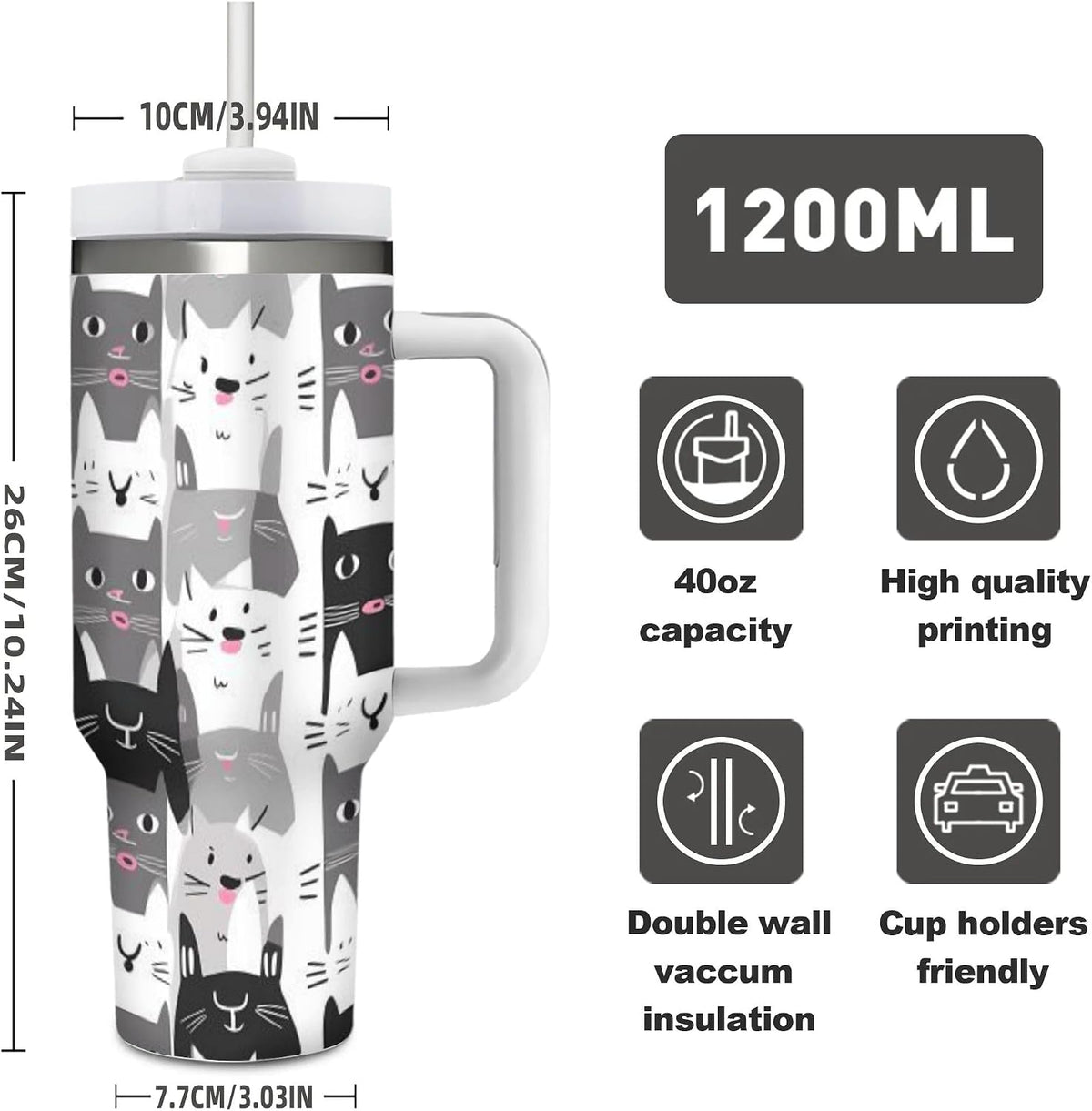 40 OZ (1200 ML) Cute Cats Insulated Tumbler With Straw Lid, Cartoon Kitten Steel Double Walled Vacuum Stainless Steel Coffee Cup for Home Travel Office Nursing