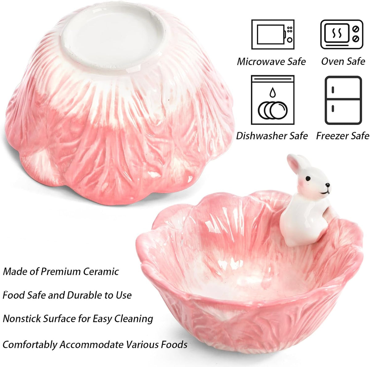 Foraineam 2 Pieces Cute Ceramic Candy Bowl Pink Easter Bowls, 14 oz Ceramic Tableware Rice Soup Dessert Salad Bowls, 5.9 Inch Hand-Painted Bunny Candy Dish with Cabbage Rabbit Shaped Design
