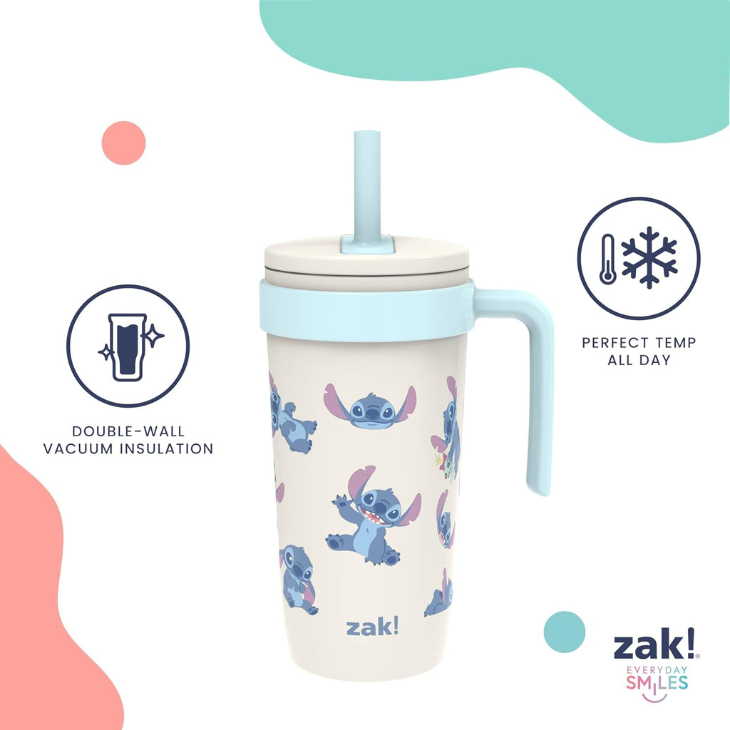 Zak Designs Disney Lilo & Stitch Fairway Travel Tumbler for On the Go or At Home, 18oz Stainless Steel with Vacuum Insulation, Spillproof Silicone Straw, and Carry Handle for Cold Drinks (Stitch)