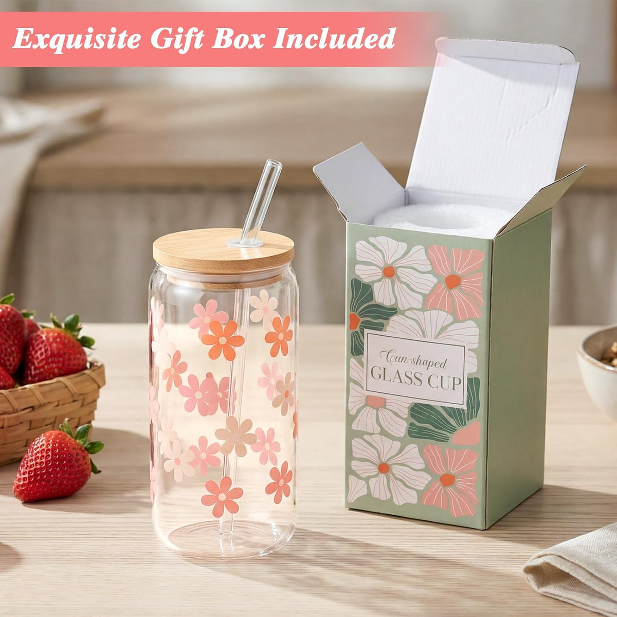Cute Glass Cups with Lids and Straws, Daisy Flower Cup for Iced Coffee
