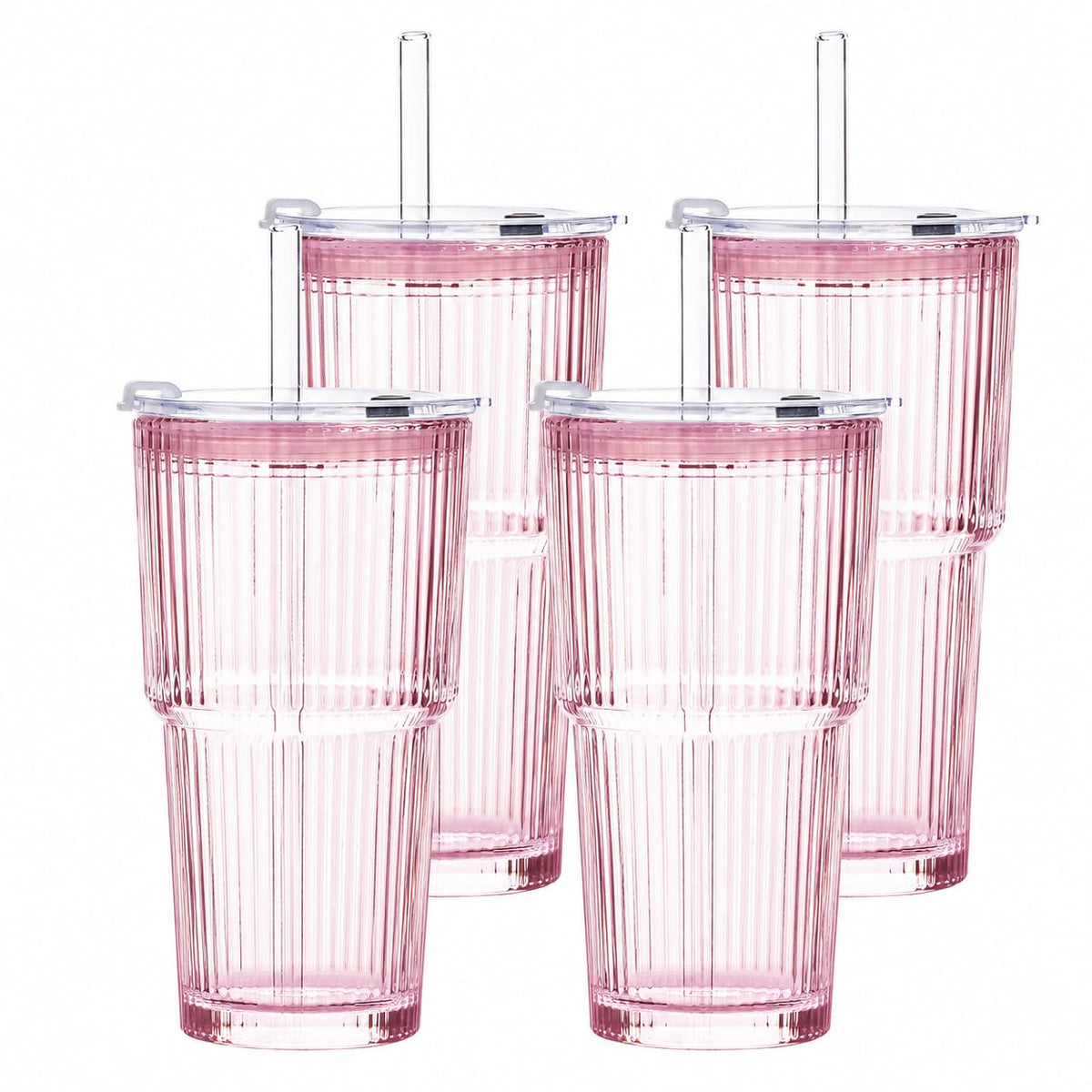 20oz Iced Coffee Cups with Lids, Ribbed Glass Cups with Lids and Straws
