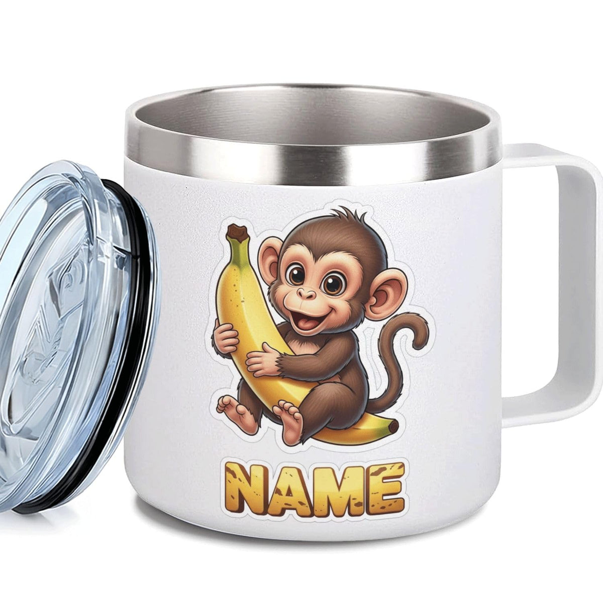 Leo Personalized Kids Mug with Lid, 10 oz Stainless Steel Insulated Camp Cup, Cartoon Lion Tropical Tiki Theme