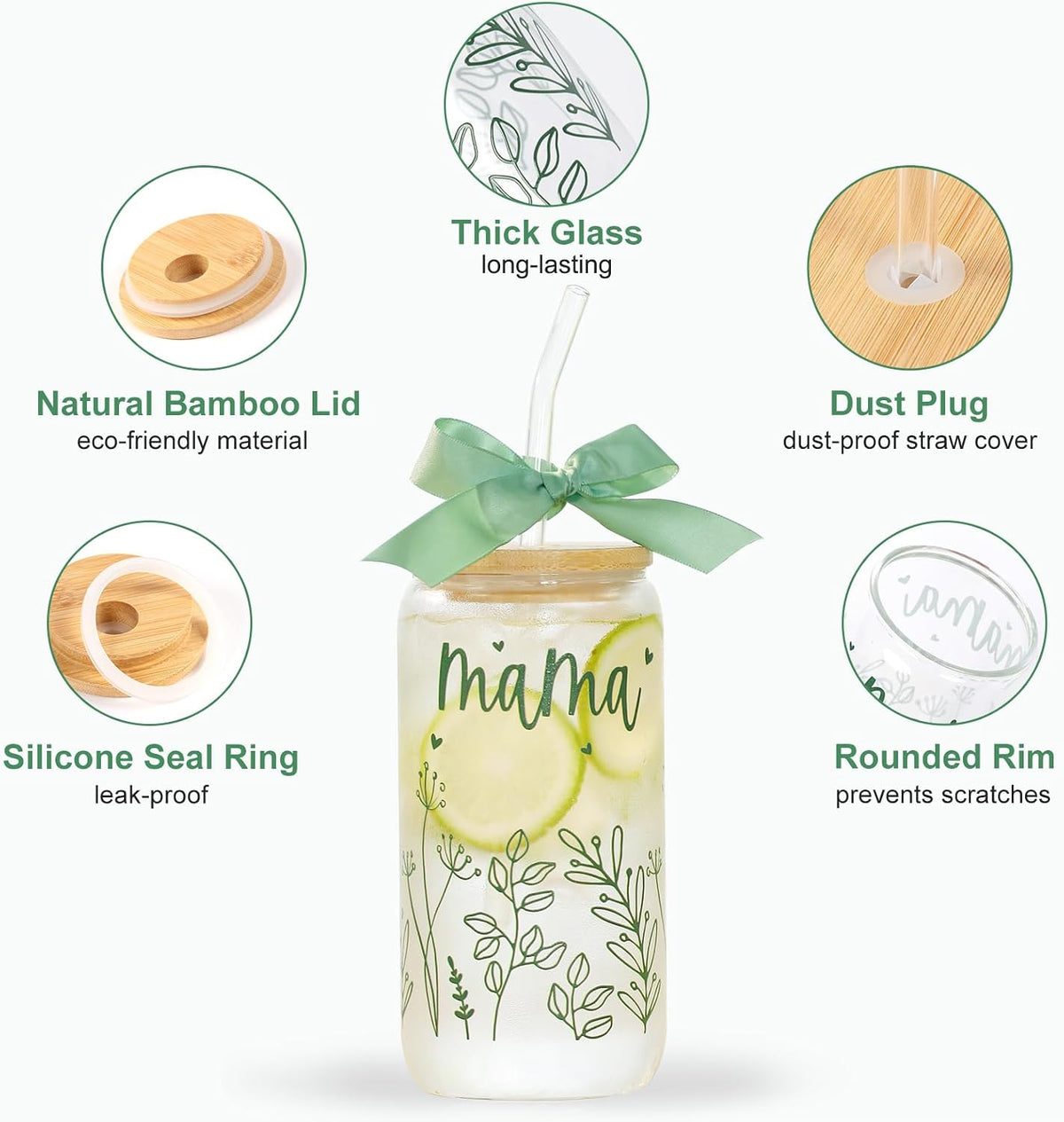 Gifts for Mom Bow New Mama Glass Cup with Lids and Straws