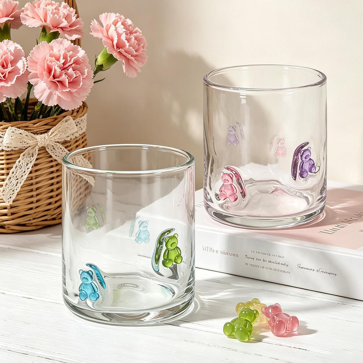 Whaline 2Pcs Candy Bear Icon Juice Glass with Straw 14 Oz Wine Glass Colorful Cute Bear Stemless Cocktail Drinking Cups for Birthday Baby Shower Party Favors Supplies