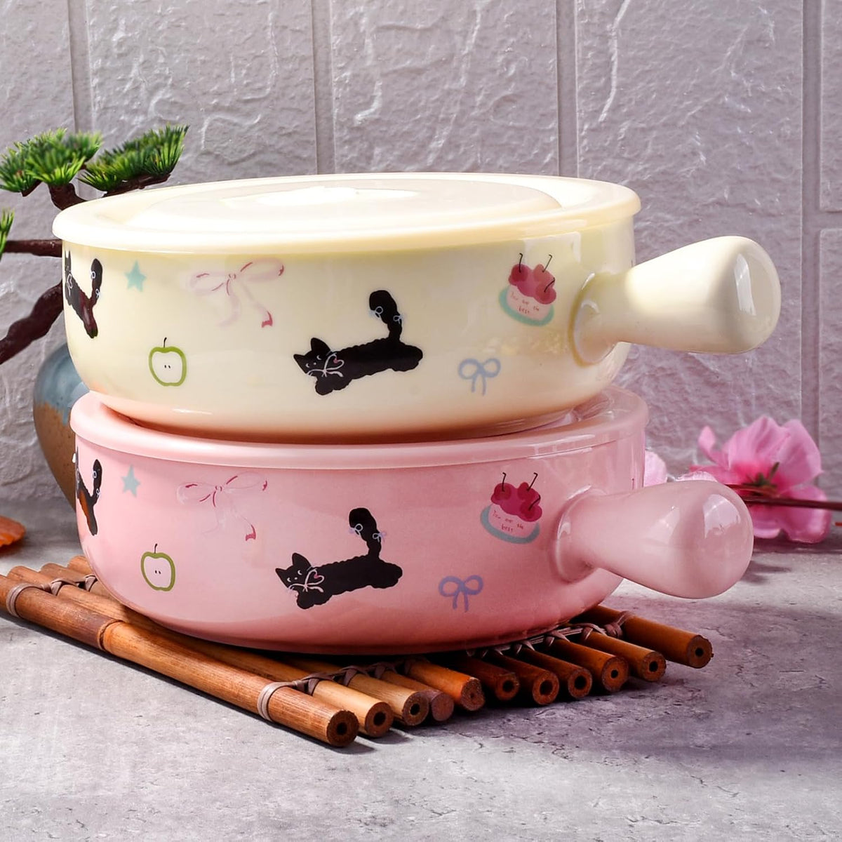 Ceramic Soup Bowl with Lid and Handles Set of 2, 6.1'' Cute Ramen Bowls