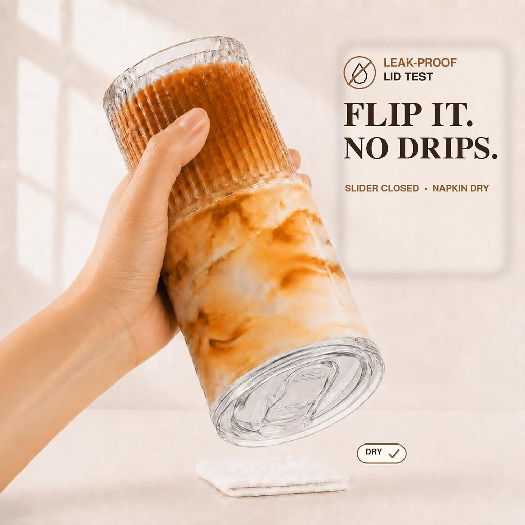 Luiaiog Glass Cup with Lid and Straw, 18.6 oz Ribbed Iced Coffee Tumbler, Leakproof Reusable Drinking Glass for Smoothie, Boba, Water, Single Pack with Straw Brush, Dishwasher Safe