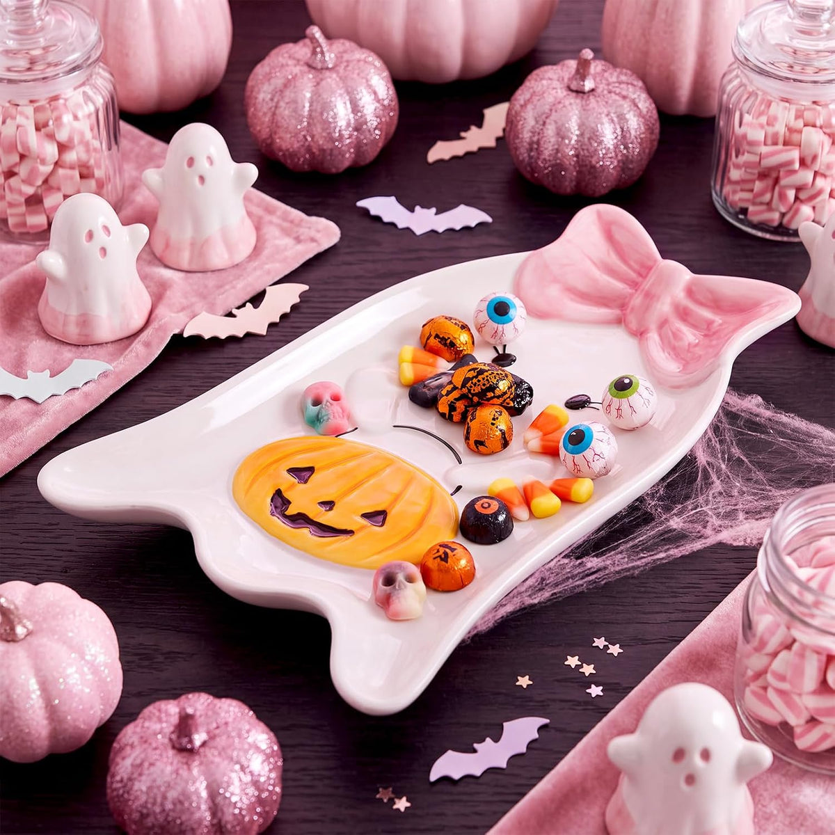 Potchen Pink Halloween Ghost Ceramic Plate, Coquette Bow Candy Serving Dish