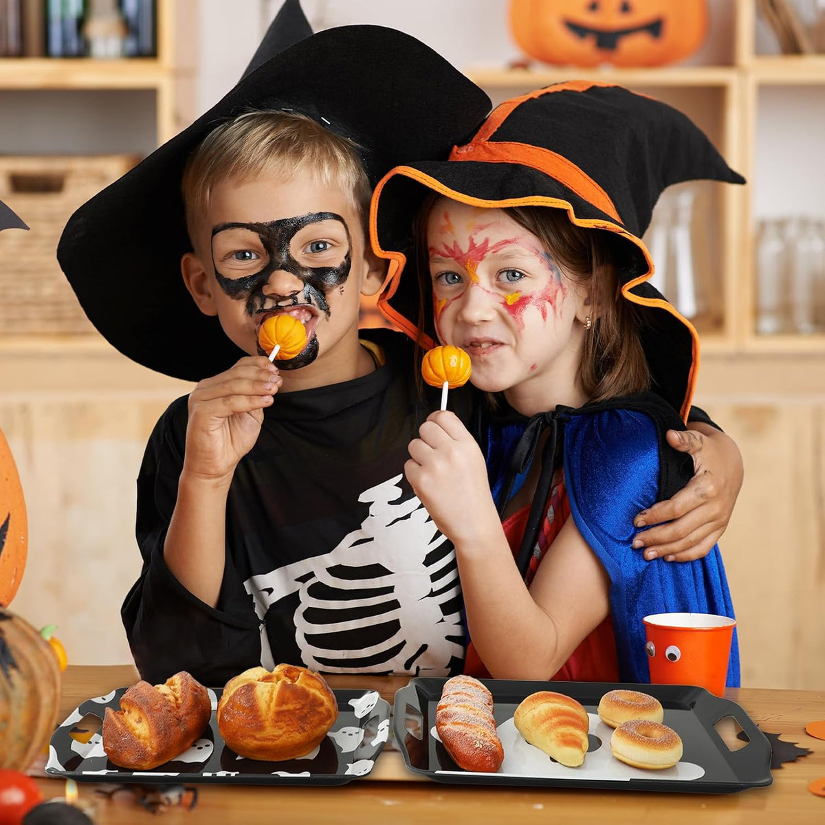 JarThenaAMCS 4 Pcs Halloween Ghost Serving Tray Black White Cute Ghost Handled Melamine Board Trick or Treat Serving Platter for Home Party Food Supplies