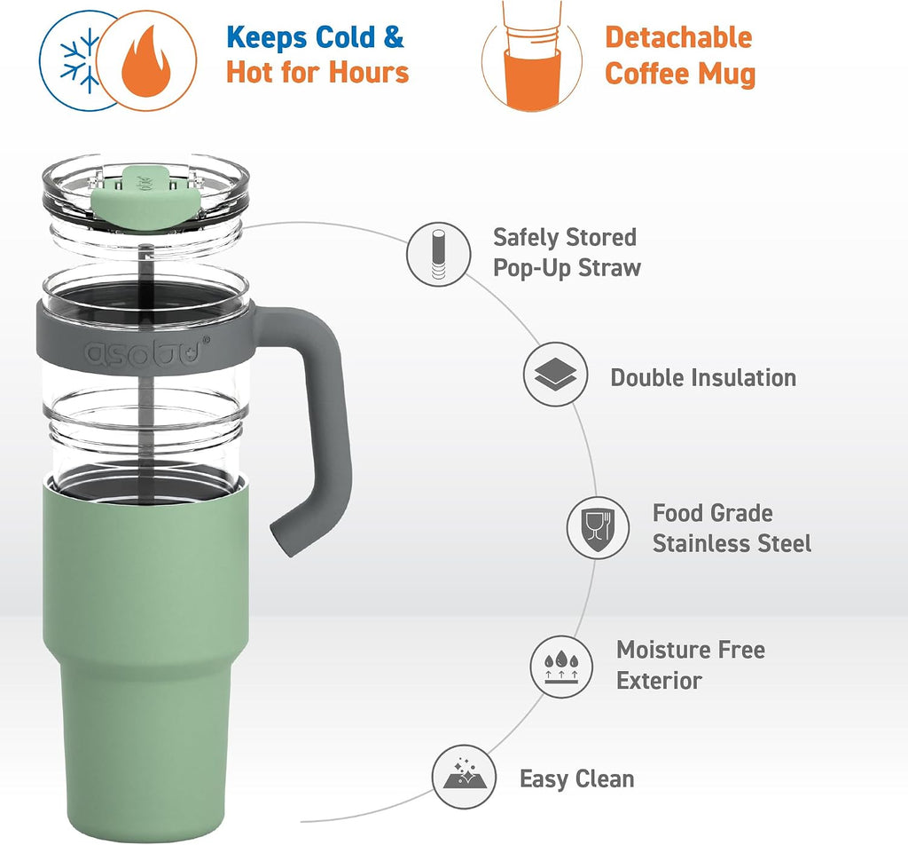 asobu Extra Large Travel Explorer Tumbler for Hot and Cold with Stainless Steel Removable Coffee Mug Sleeve - Straw and Flip Open Sip Spout, 34 oz / 25 oz (Basil Green)