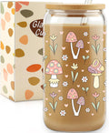Mushroom Glass Cup with Bamboo Lids Straws, 16oz Retro Hippie Tumbler