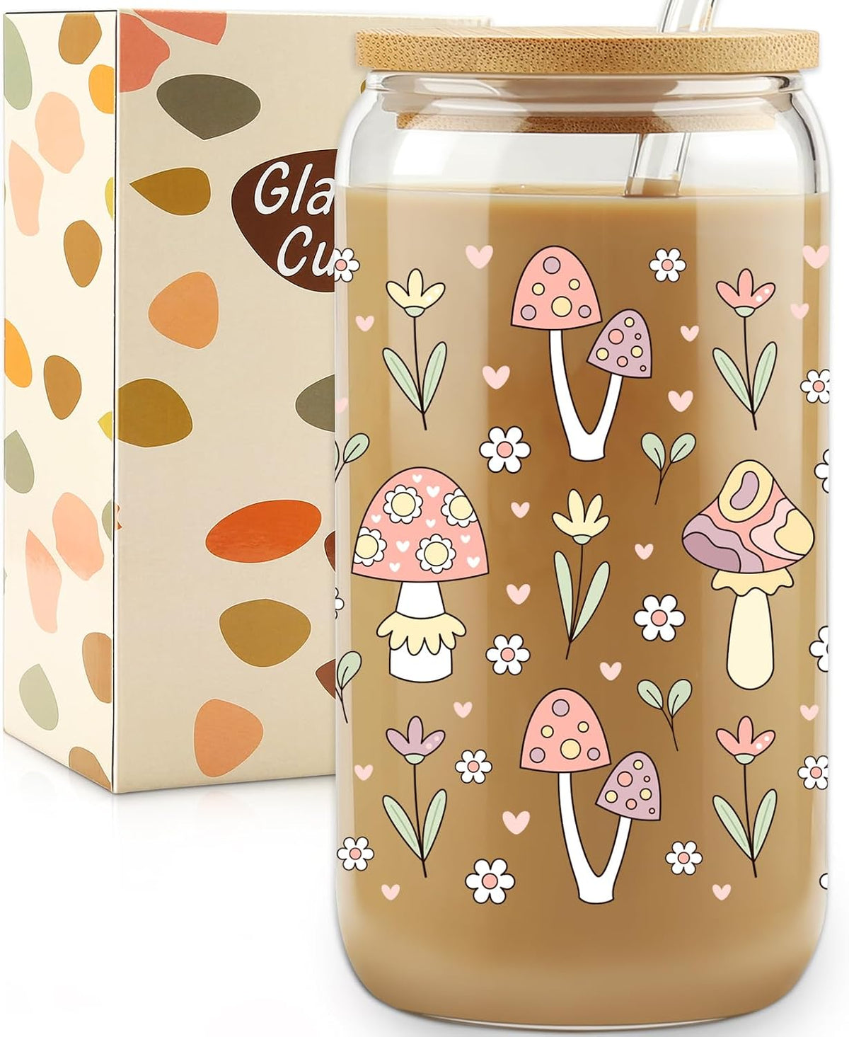 Mushroom Glass Cup with Bamboo Lids Straws, 16oz Retro Hippie Tumbler