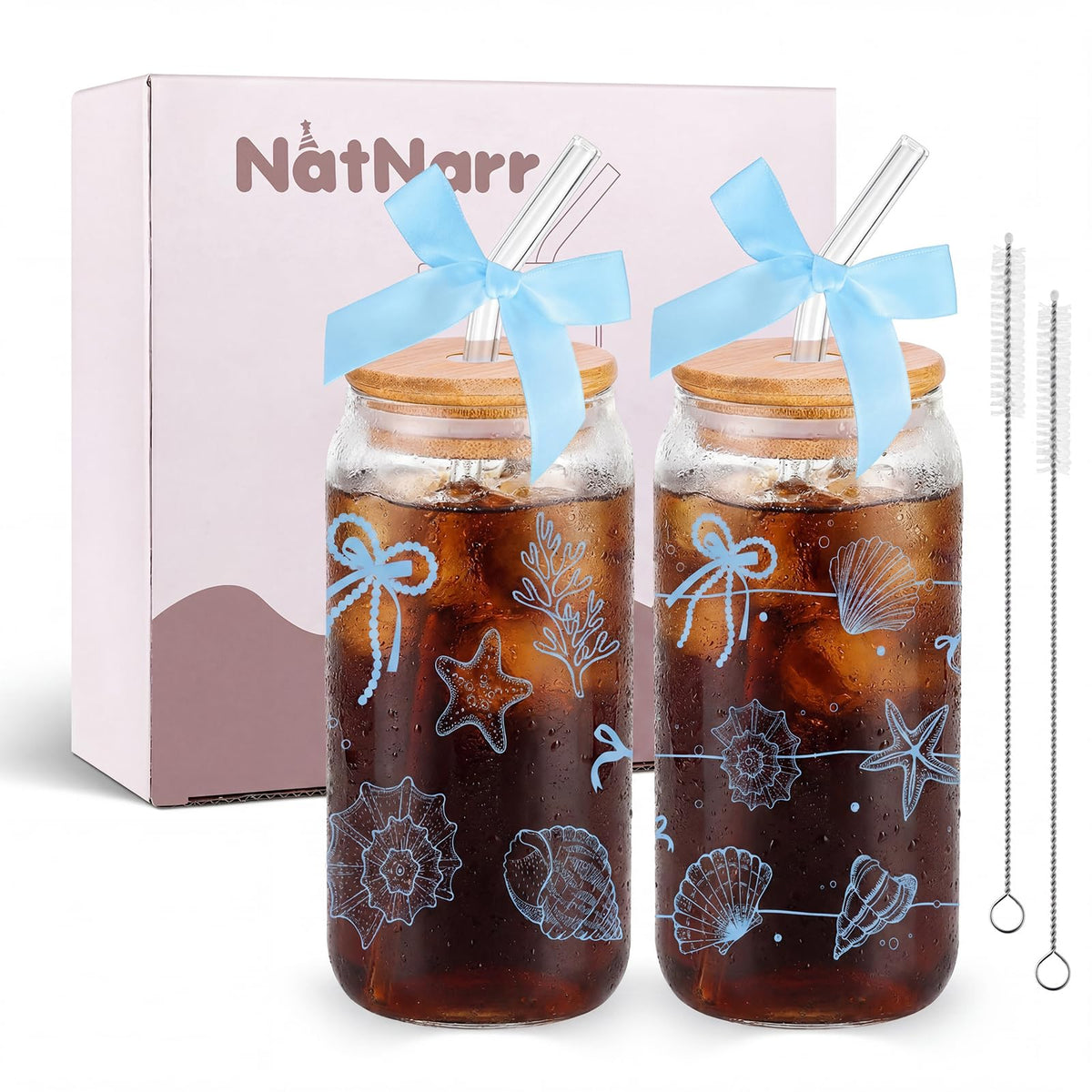 2 Pcs Cute Pink Bow Glass Cups with Lid and Straws Preppy Stuff For Girls