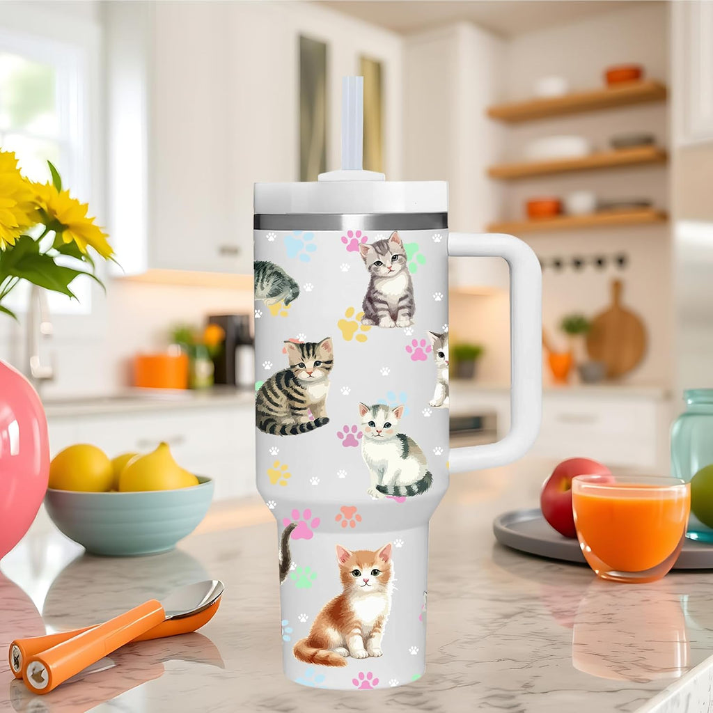 40 OZ Kitty Cat Tumbler with Handle.Kitty Cat Lover Cup Gift.40 OZ Unique Birthday Christmas Kitty Cat Tumblers Gifts for Women Men.
