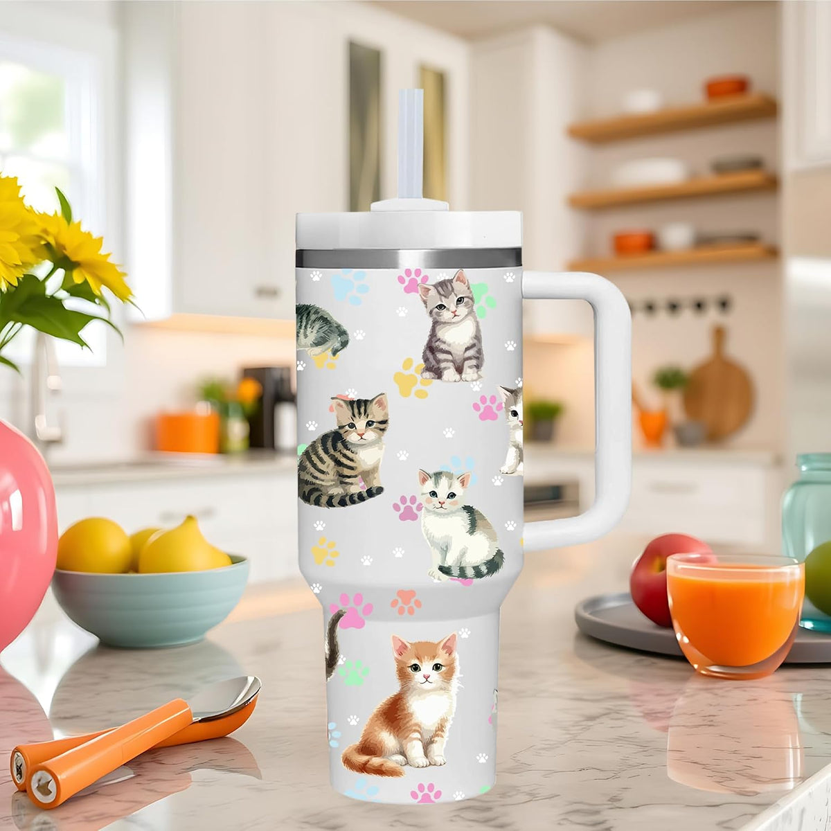 40 OZ Kitty Cat Tumbler with Handle.Kitty Cat Lover Cup Gift.40 OZ Unique Birthday Christmas Kitty Cat Tumblers Gifts for Women Men.