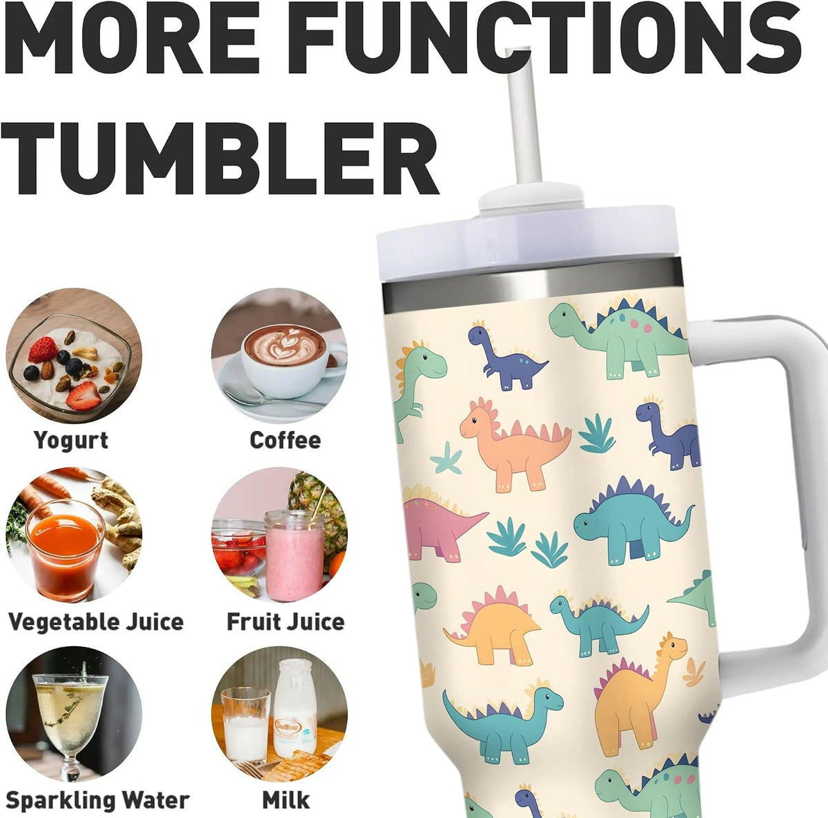 40oz Cute Dinosaurs Tumbler with Handle, Double Wall Stainless Steel Travel Coffee Mug with Straw Lid, Cartoon Insulated Cooling Cup for Christmas Birthday Gifts (Printed in US)