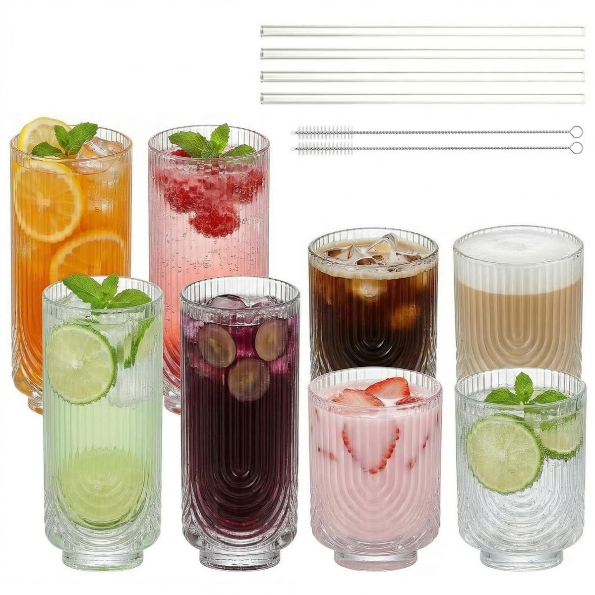 Ribbed Glass Cups with Straws, Pink Glass Drinking Cups, Drinking Glasses Set of 8, 13oz Highball & 10oz Water Glasses, Vintage Kitchen Glassware Set for Juice, Whiskey, Coffee, Cocktail