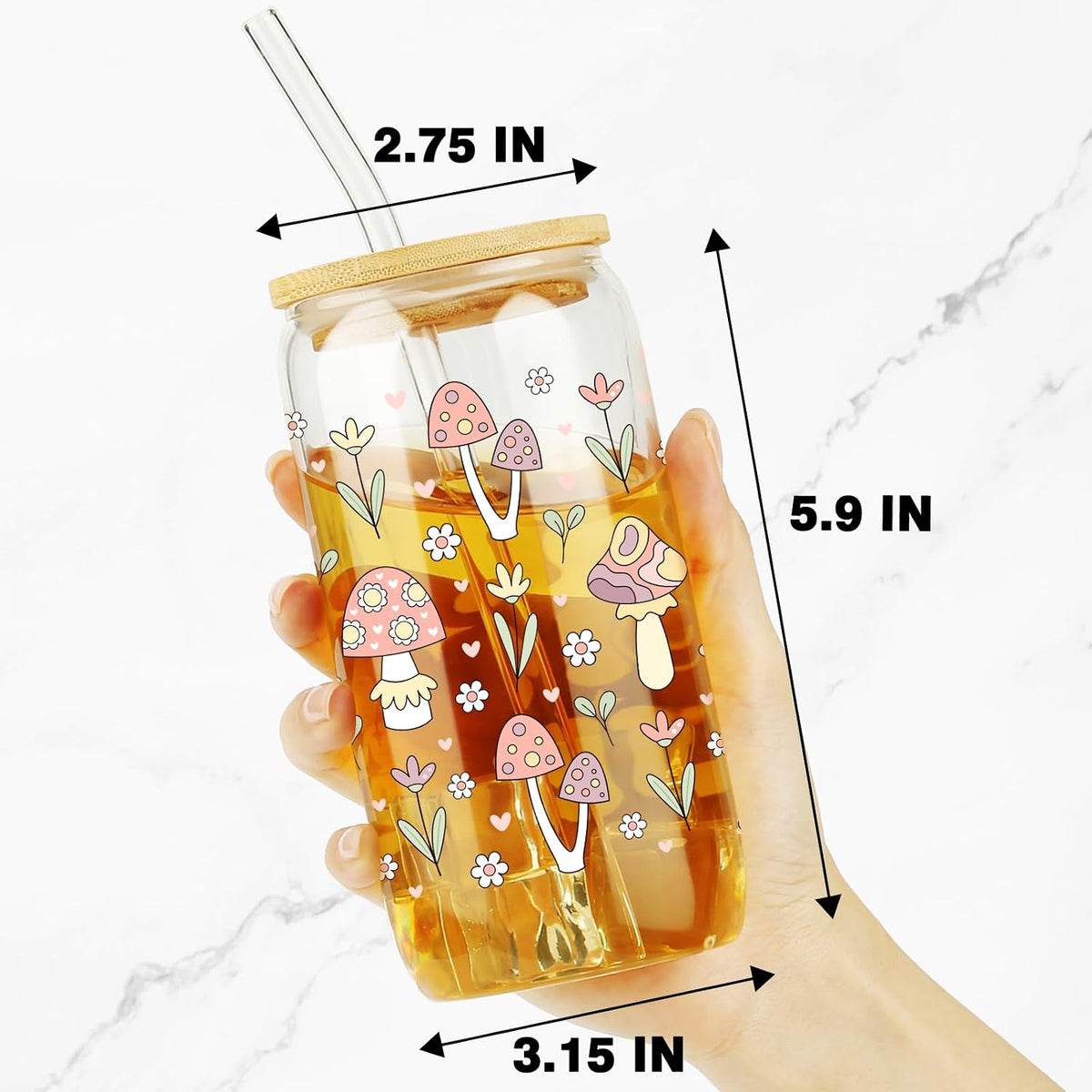 Mushroom Glass Cup with Bamboo Lids Straws, 16oz Retro Hippie Tumbler
