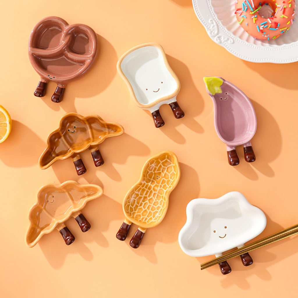 Cartoon Bread Ceramic Plates Set Dipping Dishes for Fruits, Desserts, BBQ, Oven and Dishwasher Safe Bread-Shaped Saucers (11.5 * 6.5 * 2cm)