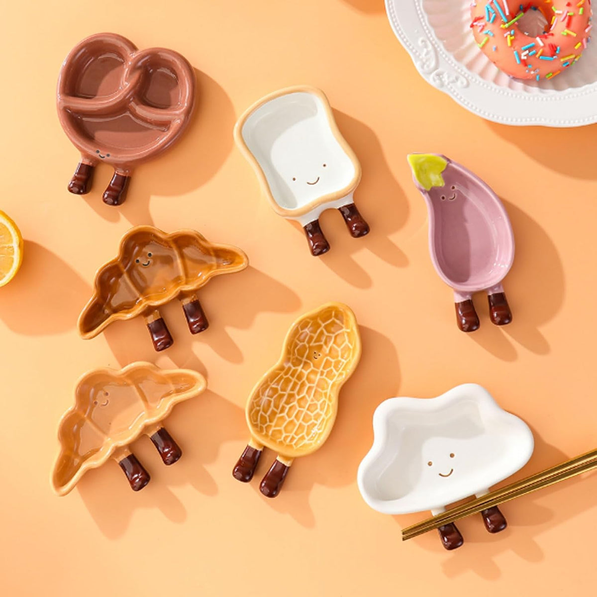 Cartoon Bread Ceramic Plates Set Dipping Dishes for Fruits, Desserts, BBQ, Oven and Dishwasher Safe Bread-Shaped Saucers (11.5 * 6.5 * 2cm)