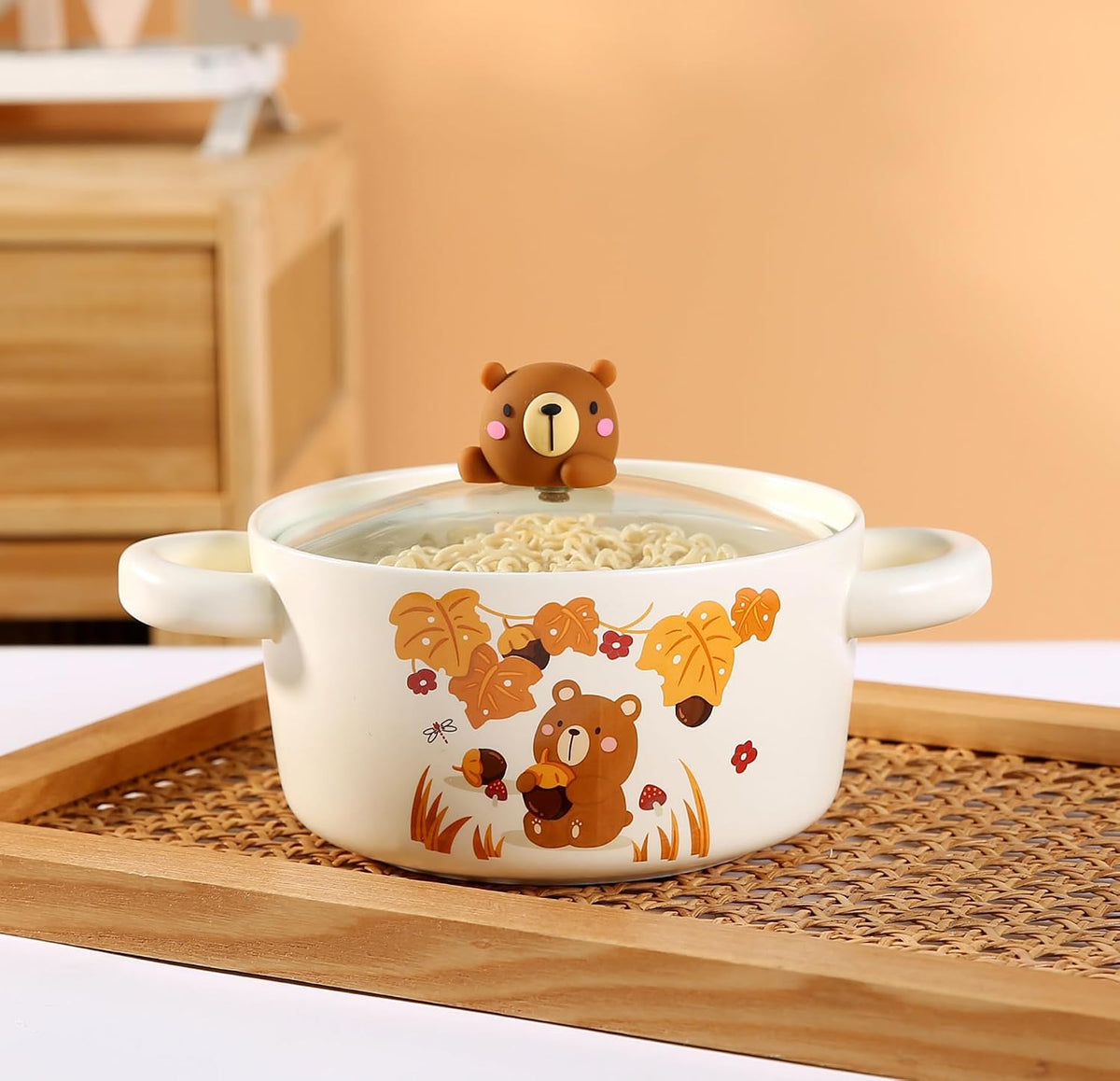 Urban Tokyo Cute Cartoon Characters Porcelain Ramen Noodle Bowl with Glass Lid 30 fl oz Bowl With Side Handles For Udong, Pho, Tomyum Ramen Noodle (Bear)