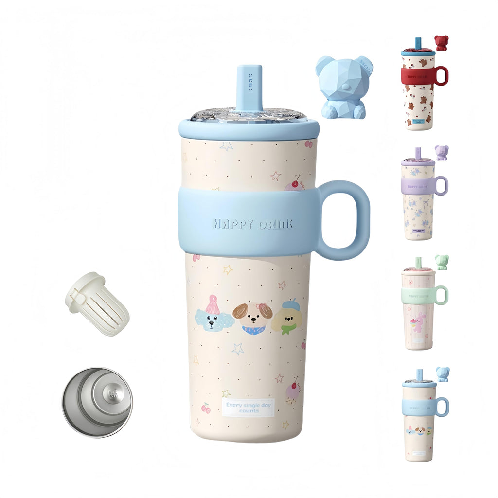 21oz Cute Bear Car Cup with Straw & Cap, Leak-Proof Portable Mug with Tea Strainer, Insulated for Hot/Cold - Ideal for Car, Office, Outdoor (Purple)