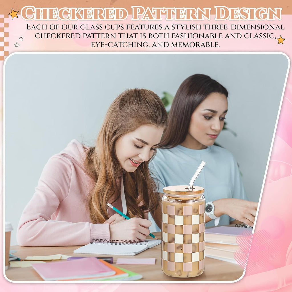 Hushee Checkered Tumbler 16 oz Checkerboard Glass Water Bottle Ice Coffee Cup with Lids and Straw Cleaning Brush for Birthday Race Car for Women Man Party Drink Decoration (Khaki)