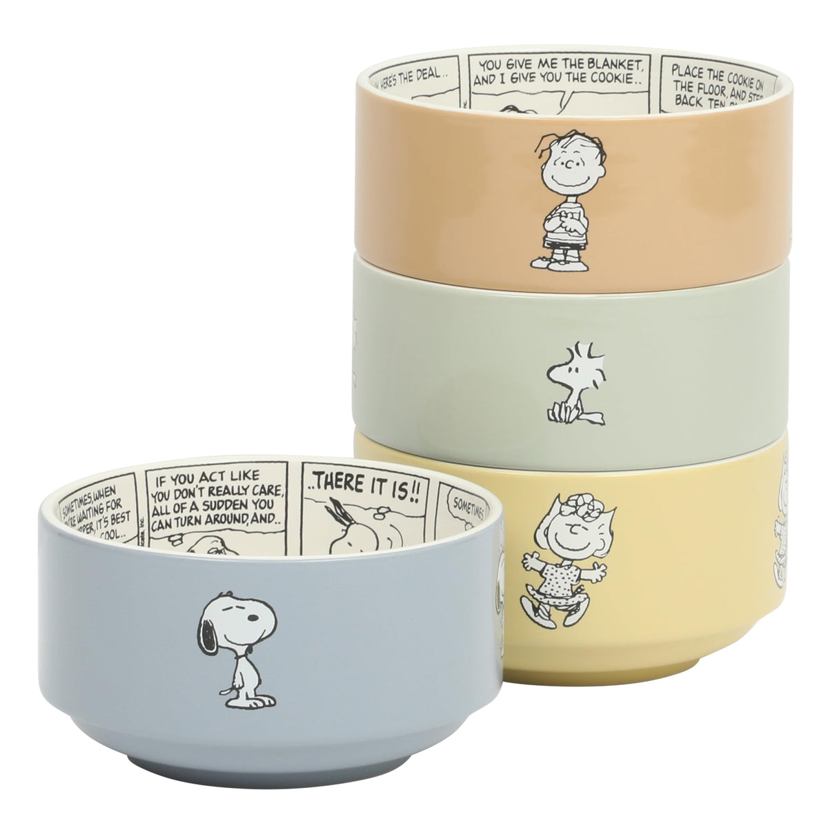 Peanuts Snoopy 6-Piece Stackable 5.5-Inch Decorated Stoneware Bowl Set With Matching Plate, Microwave & Dishwasher Safe, Collectible Kitchen Dinnerware